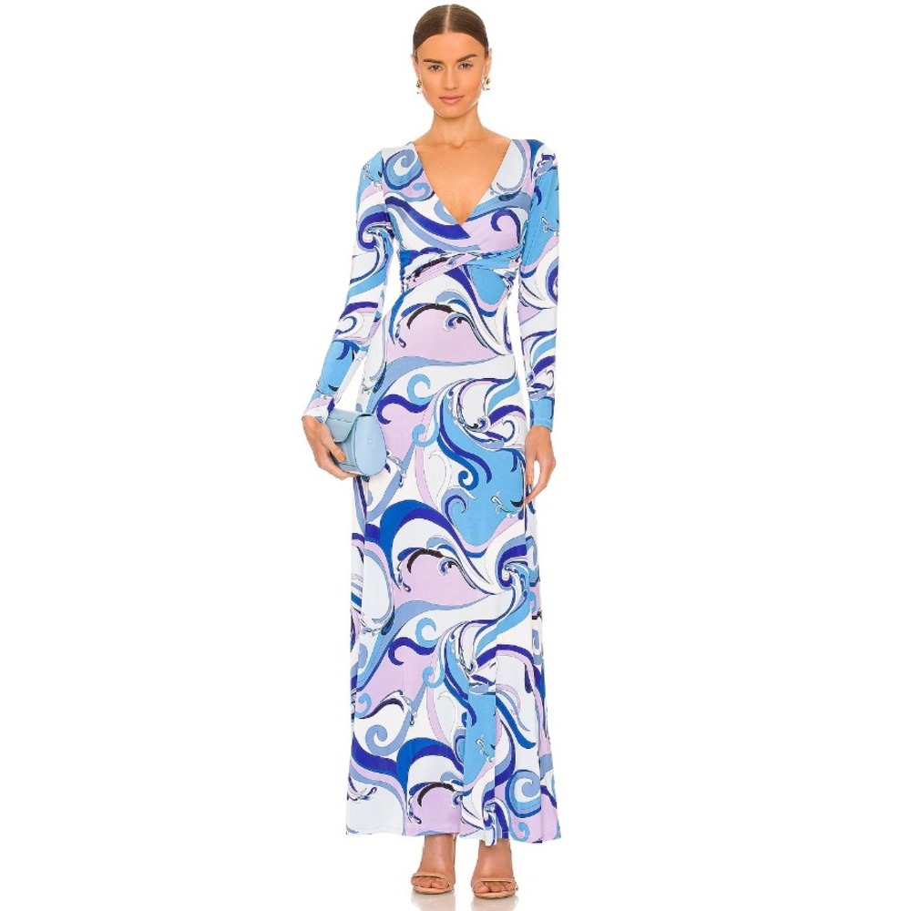 L'AGENCE Nolita Twist Swirl Print Maxi Dress Blue Purple V-Neck Long Sleeve XXS